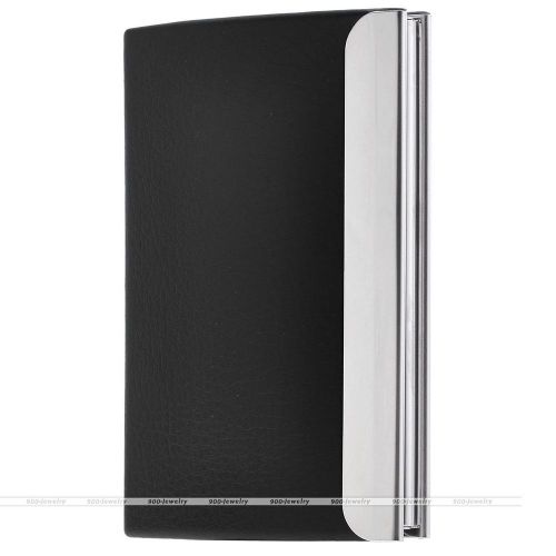 Fashion Simple PU Leather Stainless Steel Name Business Card Case Holder Black