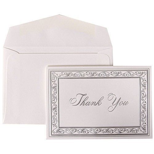 JAM Paper Thank You Card Sets - Bright White Cards with Silver Border - 104