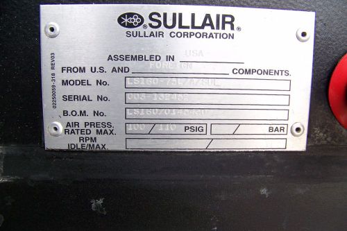 Sullair ls160 75 hp. rotary screw air compressor for sale