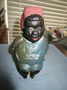 VINTAGE BLACK AMERICAN LADY CAST IRON BANK [dilly brand laxatives]   BLUE W/TAN