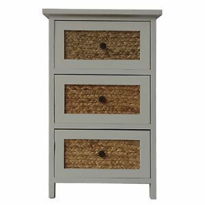 3 Drawer Wooden Accent Cabinet With Corn Husk Weave Front, White And Brown