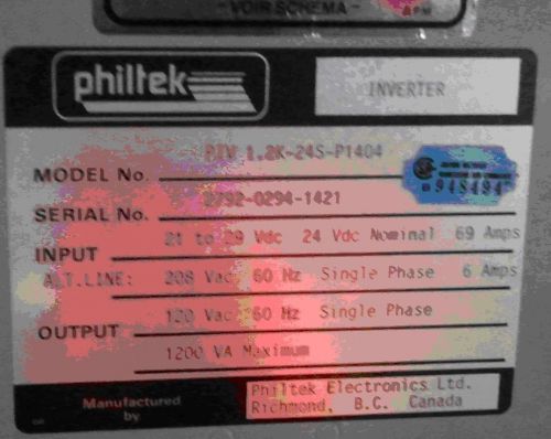 PIV 1.2K-24S-P1404 Philtek Inverter IN: 21 to 29 Vdc Nominal 24 Vdc