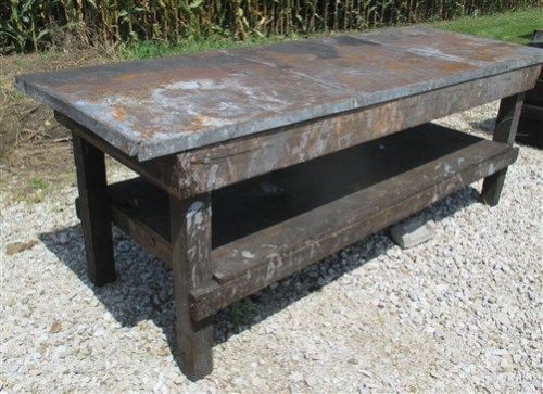 8&#039;x34&#034; wood table metal top industrial age shop bench kitchen island counter b for sale