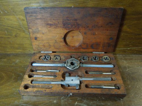 Antique handy metal tap and die set with wooden case for sale