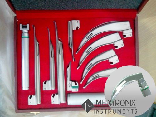 Ent mac + miller acrylic fo laryngoscope se- 9 blades + 2 handle + case for sale