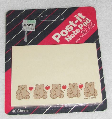 NEW! VINTAGE 1987 3M BEARS &amp; HEARTS VALENTINES DAY POST-IT NOTES PAD 40 SHEETS