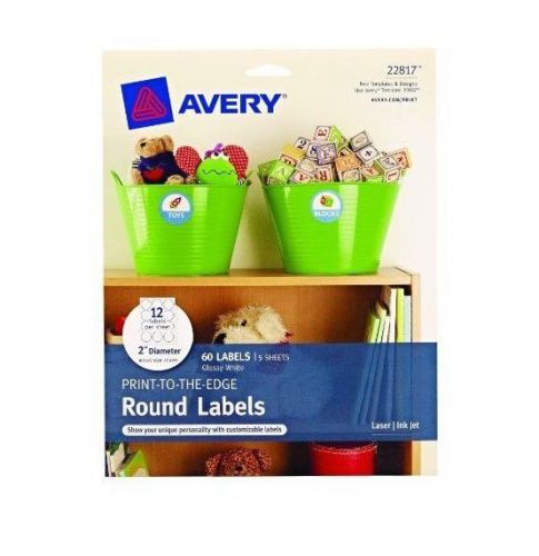 Avery Print-to-the-Edge Round Labels, Glossy White, 2 inch Diameter, Pack of New
