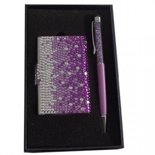 Crystal Business Card Case &amp; Stylus w/Crystal Stylus Pen Set W Gift Box(Purple)