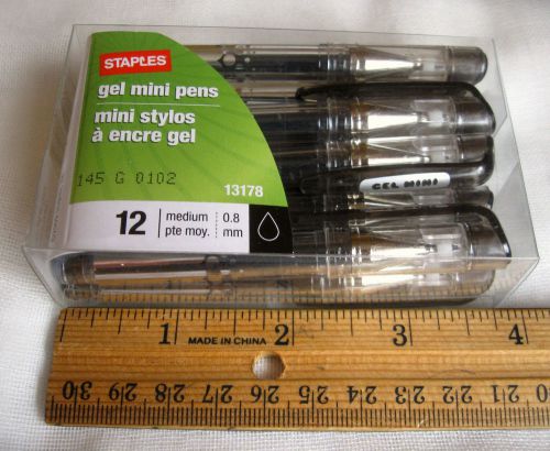 Pack 12 Mini Black Gel Ballpoint Pens Staples Brand Tiny Small Med 8mm Stylos