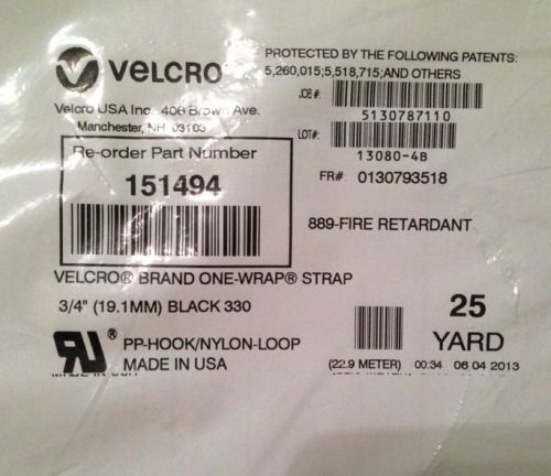 NEW Velcro One-Wrap Strap 3/4” 25 Yards Black #151494 889-Fire Retardant Roll