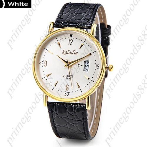 Thin Gold Date PU Leather Analog Quartz Wristwatch Lady Ladies Women&#039;s White