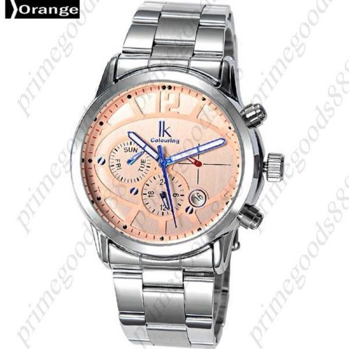 Silver auto automatic sub dials mechanical wrist men&#039;s wristwatch orange face for sale