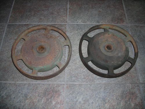 Pair of antique 1899 d 260 cast iron wheels hit and miss engine cart reel mower for sale