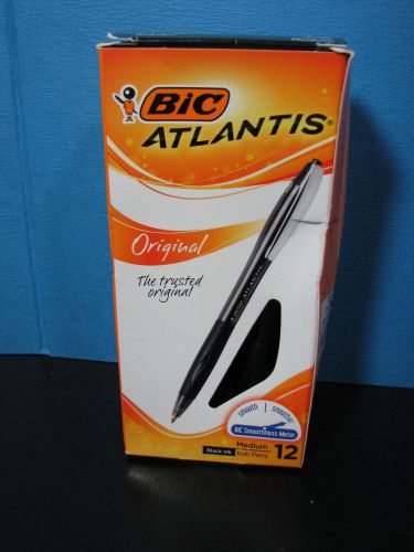 12 Bic VCG11 Atlantis Retractable Black Ink Pens, Medium Point, Metal Clip Pen