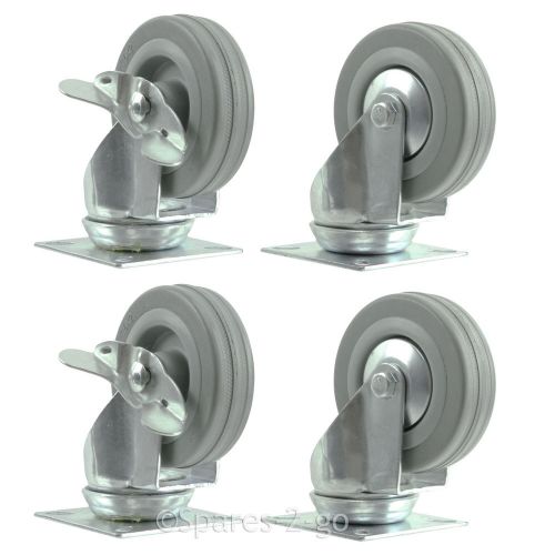 4 x heavy duty 100mm rubber swivel castor wheels with brake square plate fixing for sale