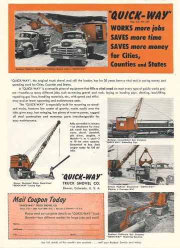 1953 &#034;quick-way&#034; truck shovel co ad, 5 photos/5 owners, nice color ad for sale