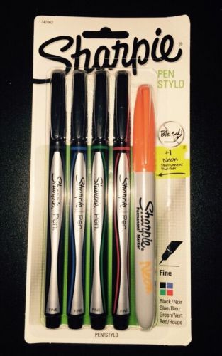 Sharpie Pen Stylo Fine Point 4 Color Ink Black Blue Green Red and bonus Orange