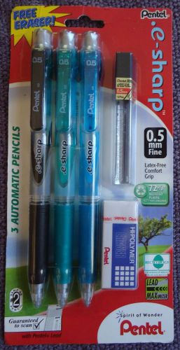 NIP Pentel Automatic / Mechanical Pencils, 3 Pencils, Eraser and Extra 0.5 Lead