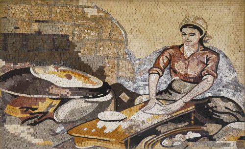 Traditional woman making saj bread marble mosaic mural for sale