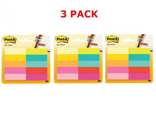 3PK Post-it Page Markers, 1/4&#034;x1 3/4&#034;,Bright Colors, 50 Sheets/Pad, 10 Pads/Pack