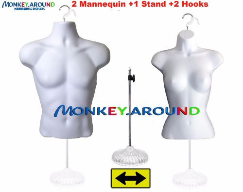 2 MANNEQUIN +1 STAND +2 HANGER,MALE &amp; FEMALE DRESS TORSO FORM WHITE BODY DISPLAY