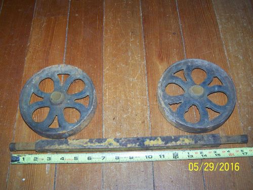 Set vintage 6&#034; cast iron wheel hit &amp; miss gas engine steam punk industrial cart for sale