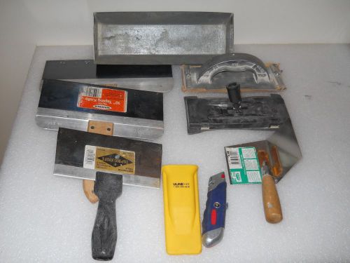 9 Assorted Drywall Tools: 3 Taping Knifes, 1 Corner Trowel, 2 Sander,Pan,Knife