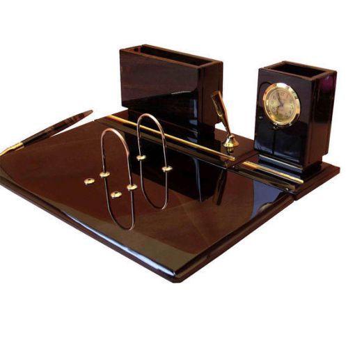 Classic office desk organizer made from natural obsidian desk clock, pen, stone