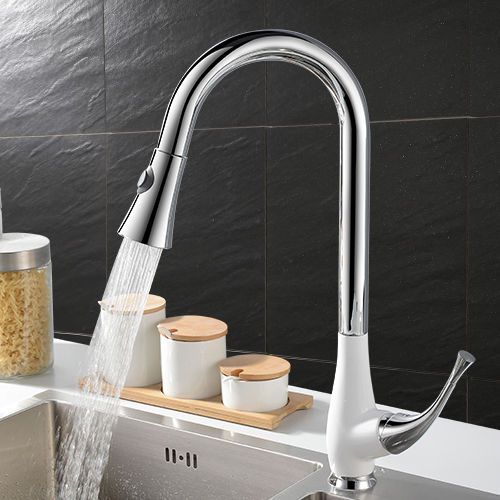 18&#034; One Handle Pull-Down Spray Kitchen Mono Mixer Tap White Chrome Sink Faucet