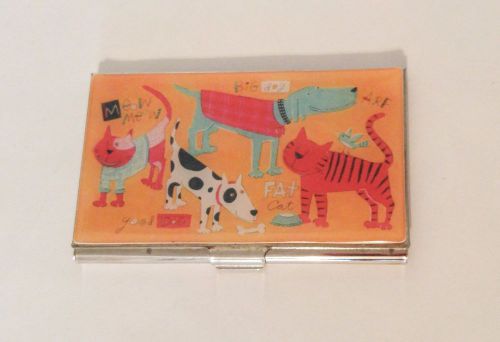 Business Card Holder Metal w/ Funny Dog &amp; Cat Design Orange Red Blue Silver