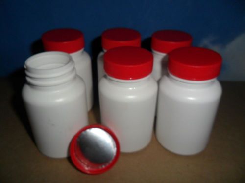 6 WHITE WIDE MOUTH ROUND HDPE  PLASTIC BOTTLE 12O CC +  RED ALUMINUM FOIL CAP