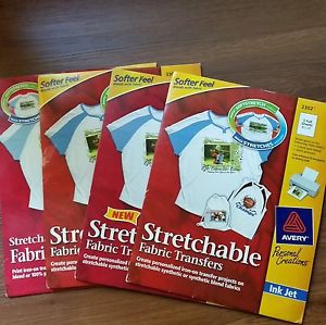 Four Avery 3302 Stretchable Fabric Transfers 20 Sheets DIY Print Iron-On T-Shirt