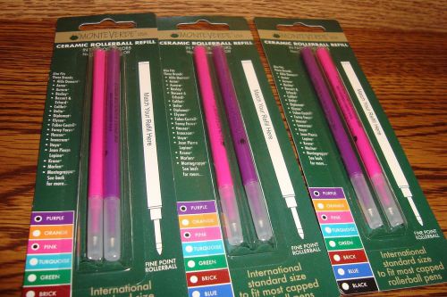 #6 six monteverde ceramic rollerball pen refills pink (3) purple (3) * new for sale