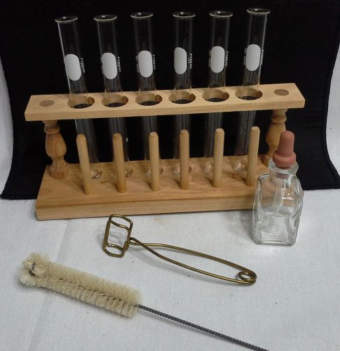 Chemistry test tube set 6 glass tubes in rack w holder, dropper &amp; cleaning brush for sale