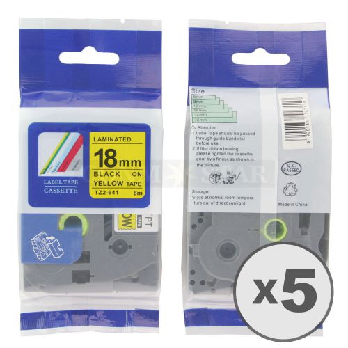 5pk black on yellow tape label for brother p-touch tz tze 641 18mm 3/4&#034; 26.2ft for sale