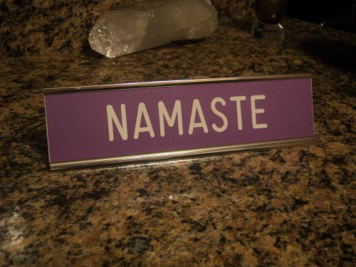 NAMASTE - 2&#034; x 8&#034; purple sign engraved with white letters ~ silver desk holder