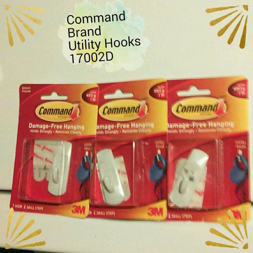 LOT OF 3 packs Command brand 1 hook 2 small strips utility 3M damage free Hanger
