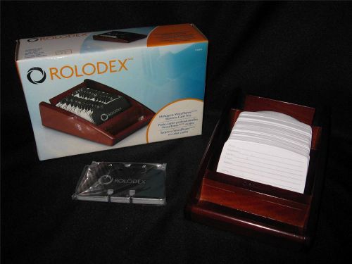 NEW ROLODEX Mahogany Wood Tone Business Card Tray +300 Cards ~ Open Tray 1734241