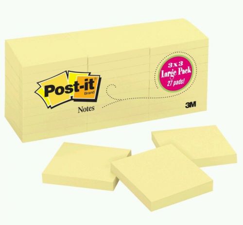 Post it Original Notes/ 3X3/ Canary Yellow/ 27 Pads 100 Sheets each / Large Pack