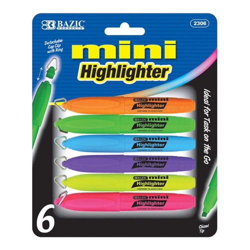 BAZIC Mini Fluorescent Highlighter w/ Cap Clip (6/Pack), Case of 144