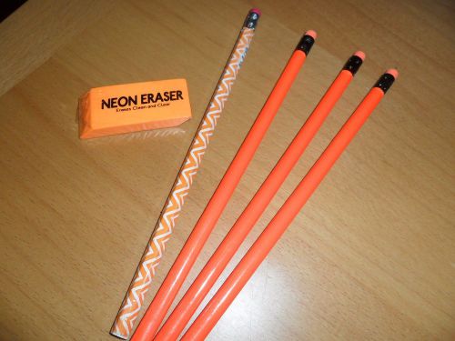 Set of 4 bright neon Orange pencils w eraser bar wrapped  school desk office NEW