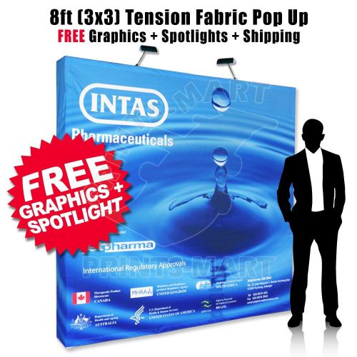 8&#039; Straight Tension Fabric Trade Show Pop Up Display FREE Printing + Spotlights