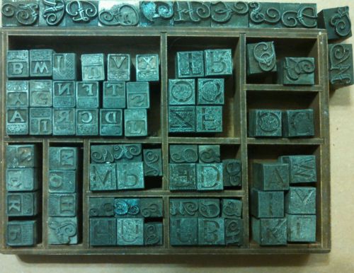Vintage collection of letters &amp; inserts lead 75 pieces with wood tray for sale