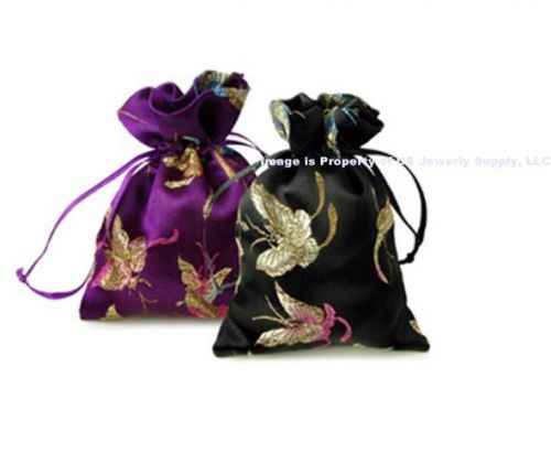 12 Pack of 4&#034; x 5&#034; Silk Black &amp; Purple Butterfly Pattern Drawstring Pouches