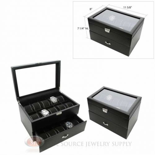 2 piece 20 watch glass top black carbon fiber pattern leather cases displays for sale