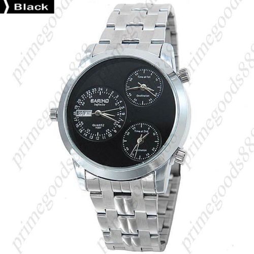 3 Time Zone Zones Stainless Steel Date Analog Quartz Men&#039;s Wristwatch Black