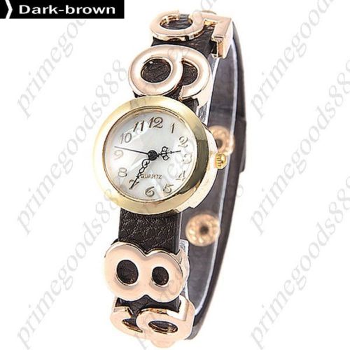 Number numeral round pu leather lady ladies quartz wristwatch women&#039;s dark brown for sale
