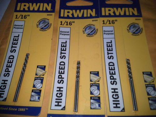 3 Packages Irwin General Purpose 1/16&#034; High Speed Steel Drill Bits 60504