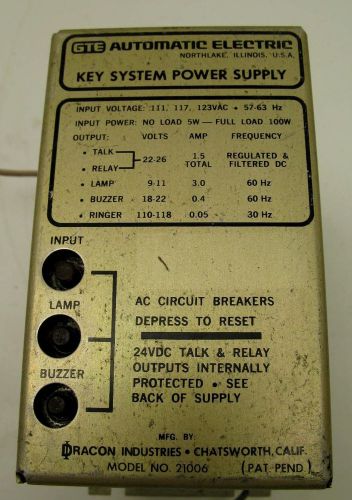 1A2 Key System Power Supply 21001 21006 GTE Dracon 123VAC 24VDC 100W Telephone