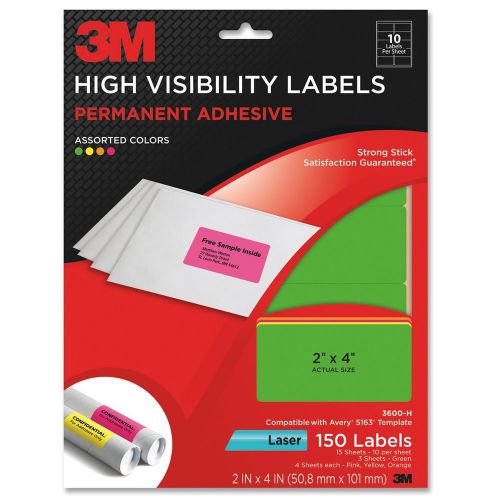 3M Permanent Adhesive High Visibility Labels 2 x 4 Inches Neon 150 per Pack (...